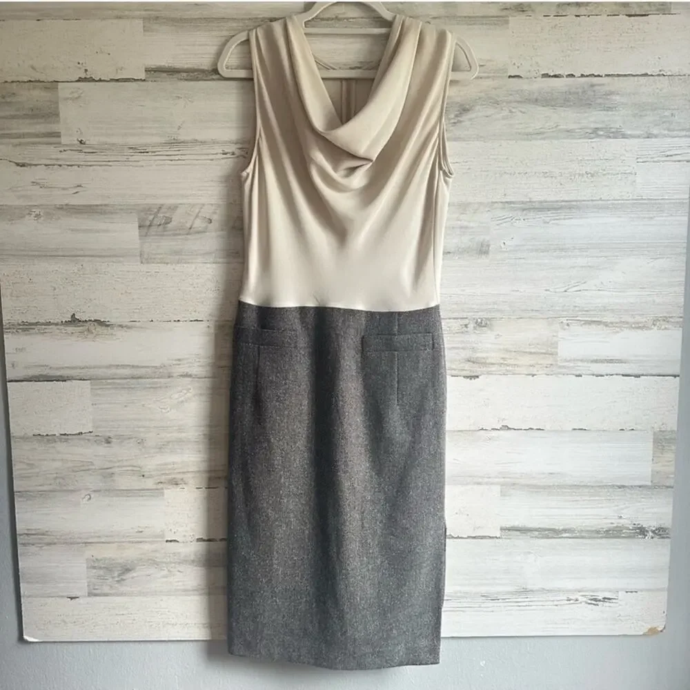 Escada‎ Classic Silk Tweed Shift Midi Dress Side Slit Sz 8 Beige Grey